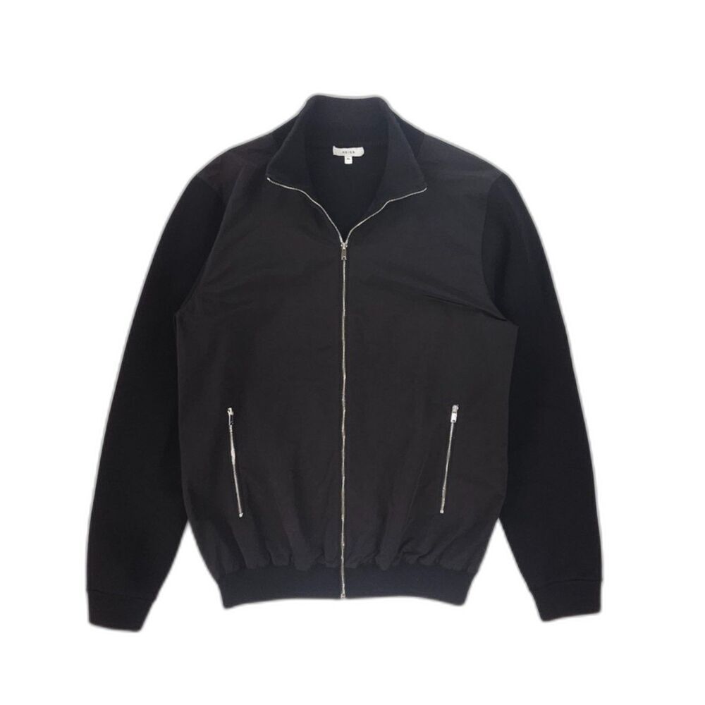 REISS Hybrid Jersey Bomber Zip Jacket Black Minimal Quiet Luxury Tailored Preppy